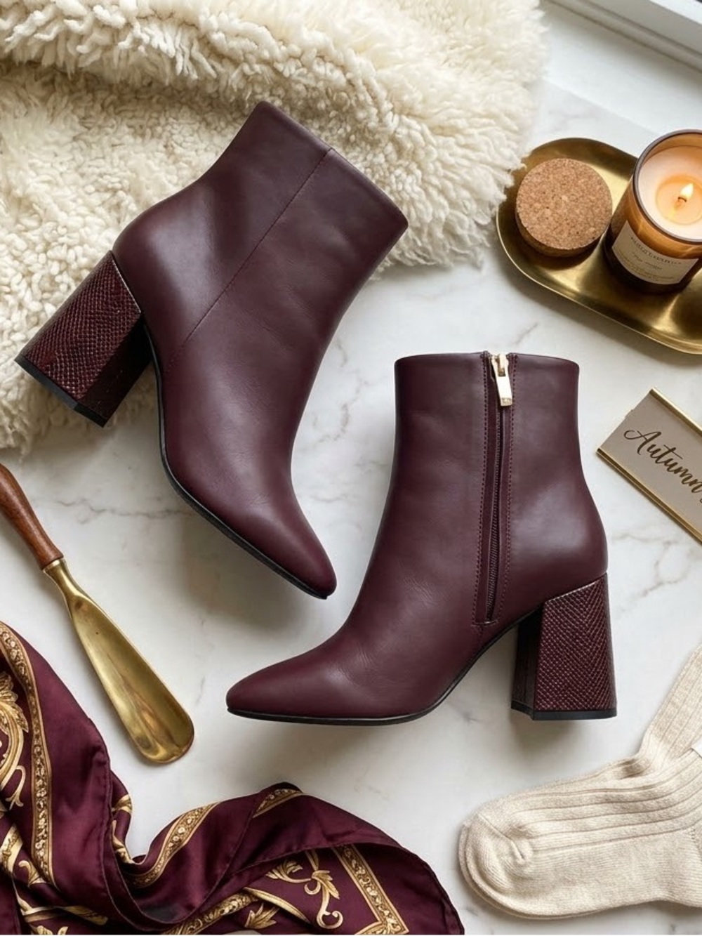 DKNY Burgundy Leather Block Heel Ankle Boots